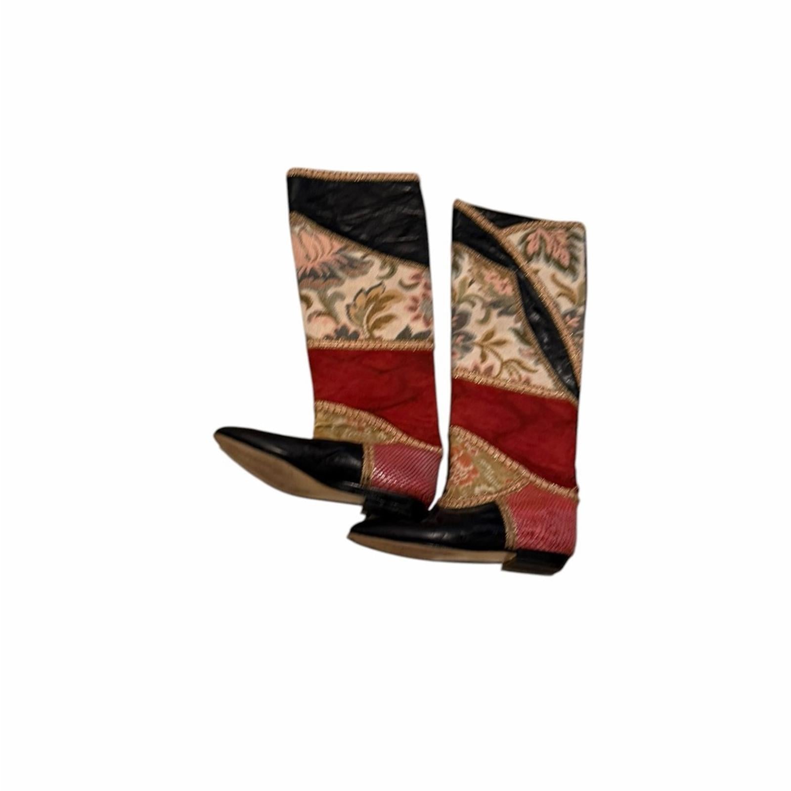 Raffaele Giardini Patchwork Leather Boots Vintage Designer Pointed Toe Statement