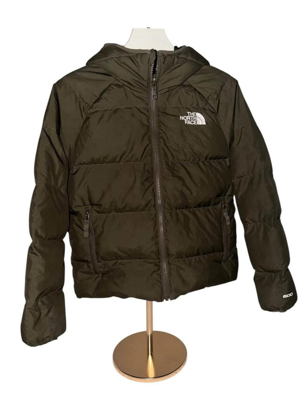 The North Face Boys Hooded Puffer Jacket Olive Green Camo Lining Size M