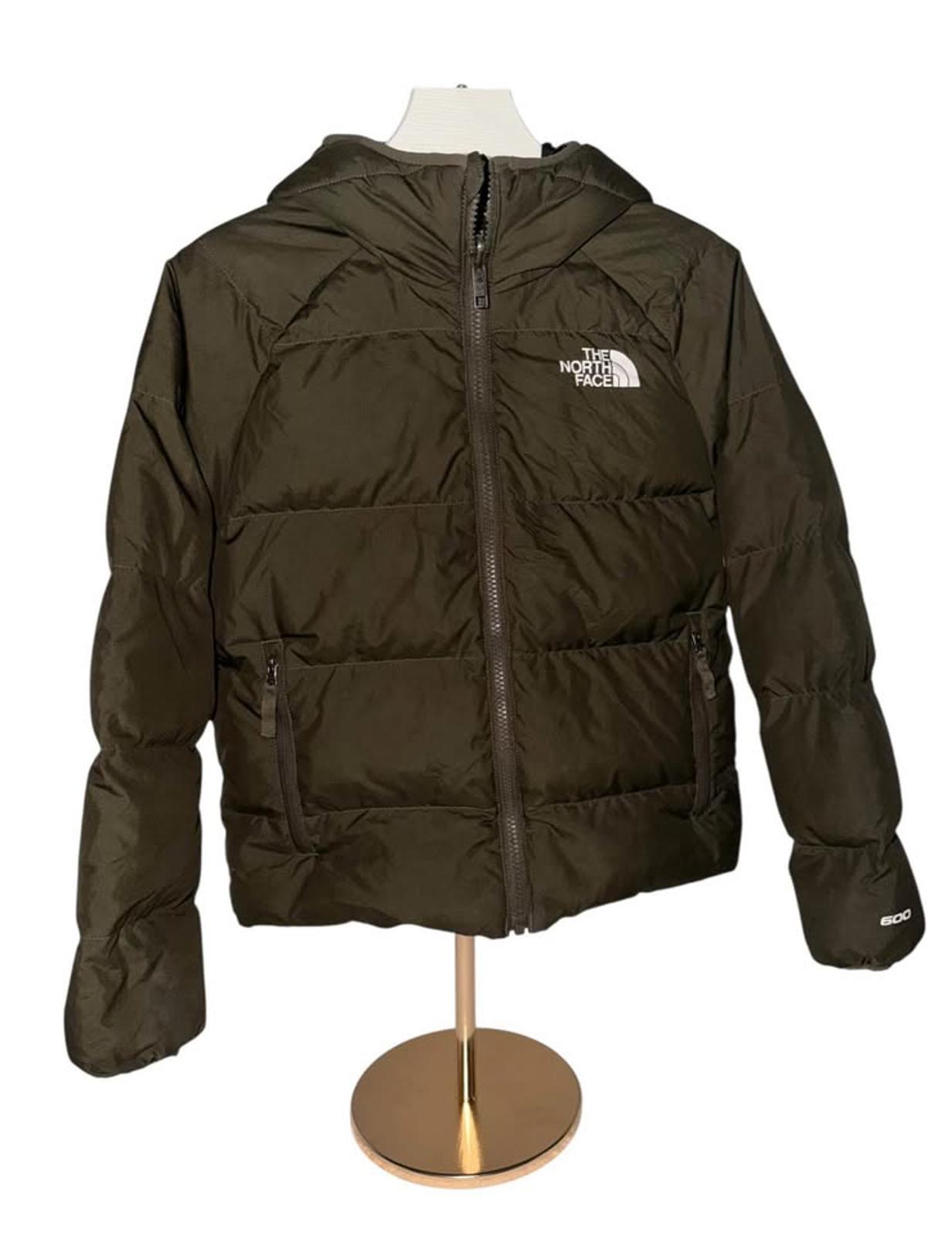 The North Face Boys Hooded Puffer Jacket Olive Green Camo Lining Size M