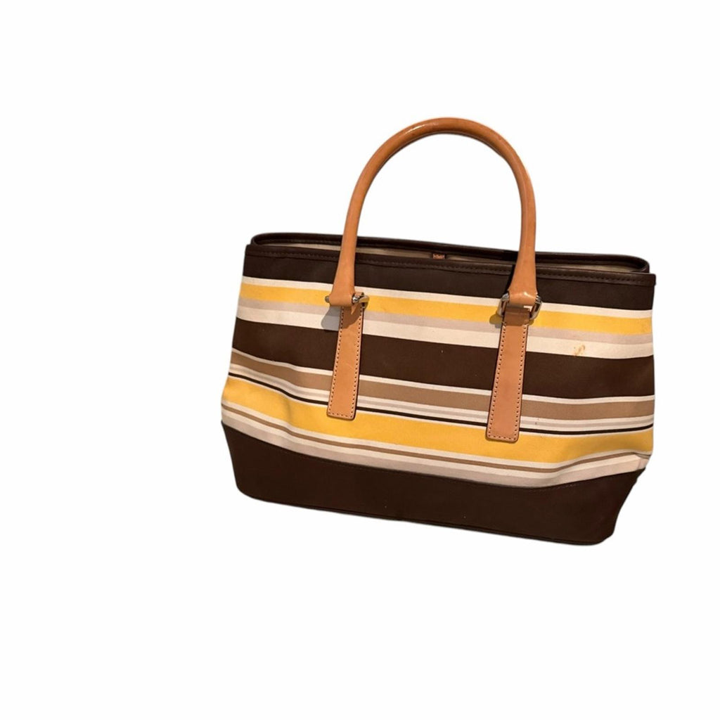 Coach Striped Tote Bag Brown Tan Yellow Leather Trim Signature Canvas Handbag