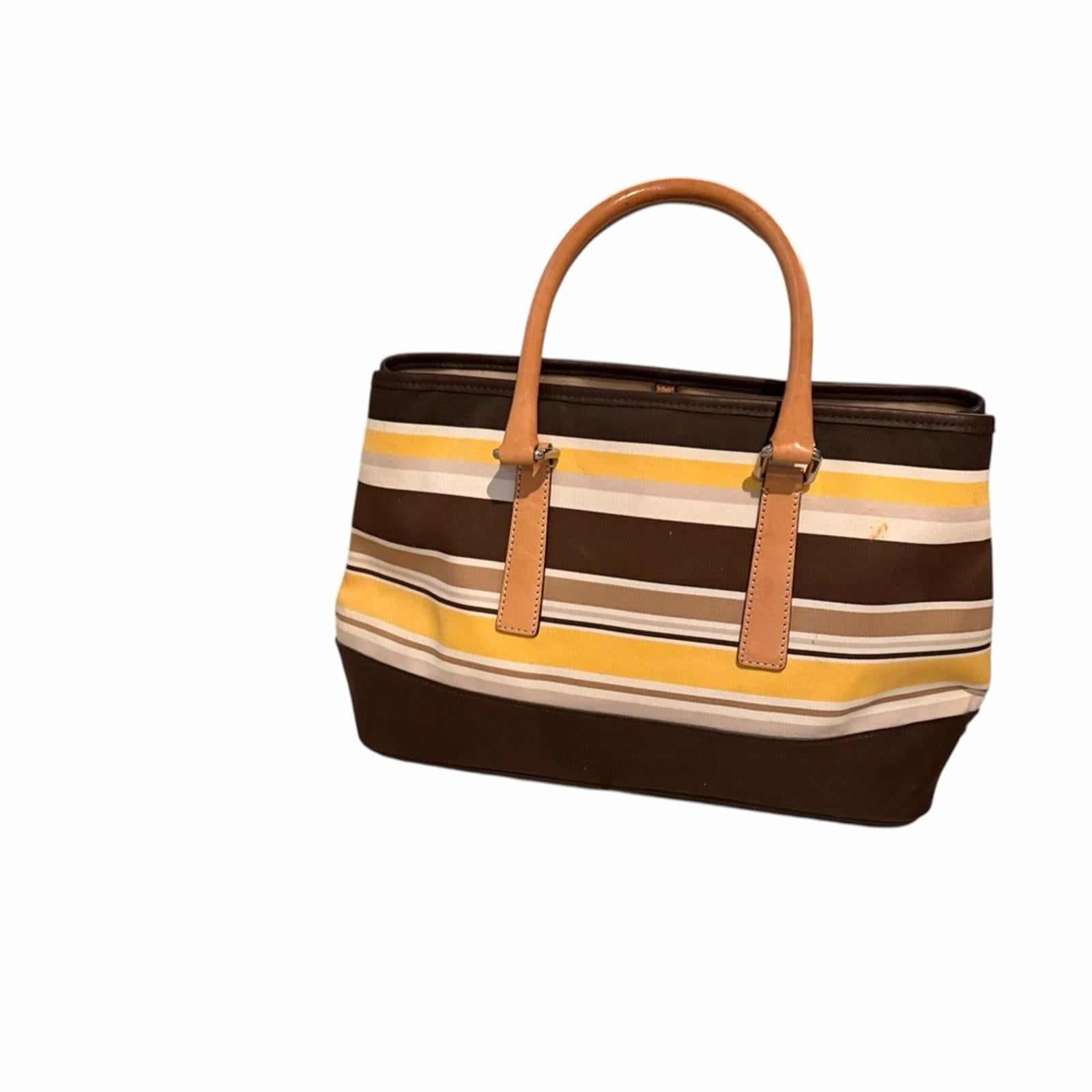 Coach Striped Tote Bag Brown Tan Yellow Leather Trim Signature Canvas Handbag