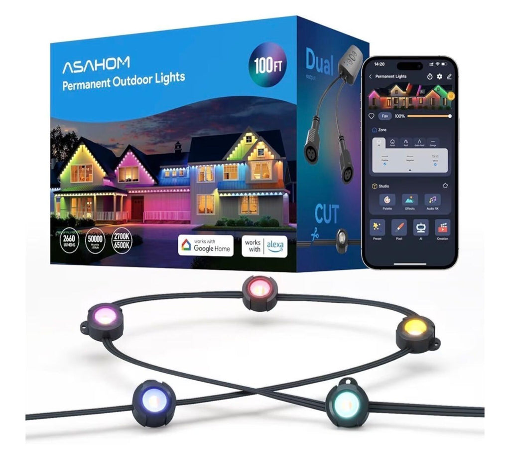 ASAHOM 100ft Permanent Outdoor LED Lights Multi-Color Smart App Control
