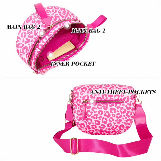 Pink leopard crossbody bag details and anti-theft pockets