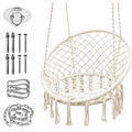 Beige macrame hammock swing chair with mounting hardware