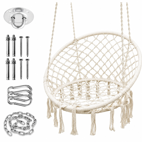 Beige macrame hammock swing chair with mounting hardware